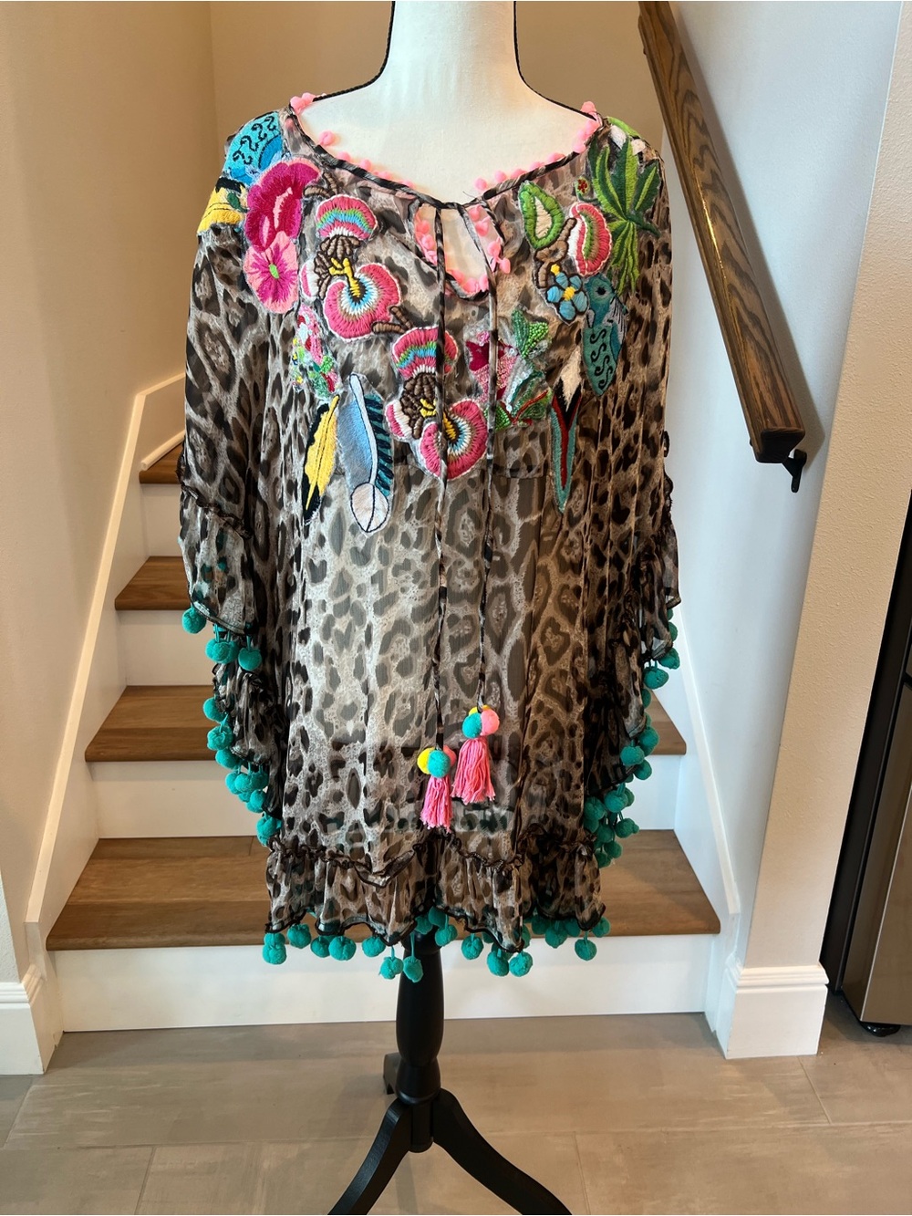 Embroidered Leopard Print Pom-Pom Tunic